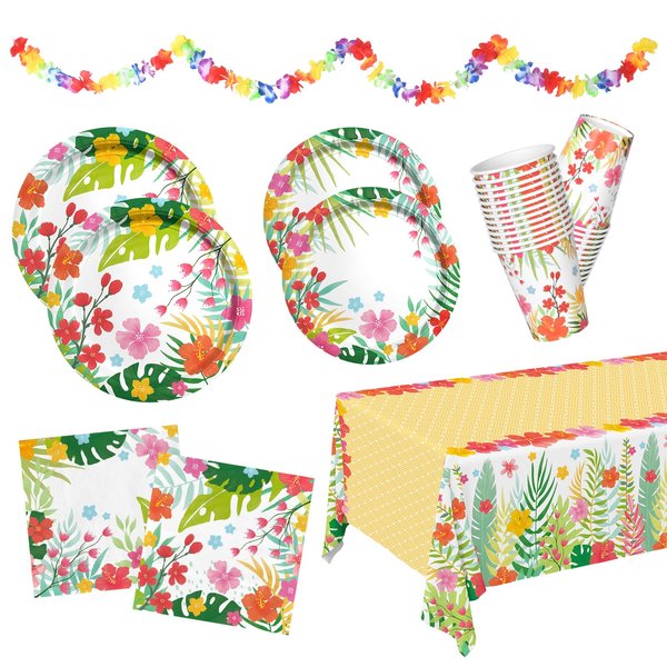 Tropical Luau Party Supplies Kit for 25 - Aloha Hawaiian Party Decorations with Disposable Paper Plates, Napkins, Cups, Tablecloth, and Banner | BBQs & Summer party