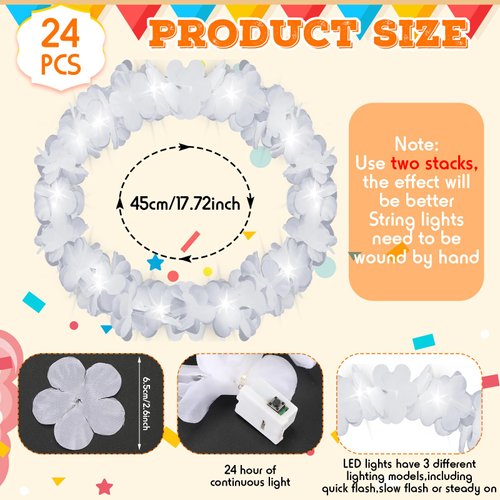 Retrowavy 24 Pcs LED Flower Crown Flower Wreath Headband Fairy Luminous Flower Girl Headpiece Light up Hair Accessories Tropical Hawaiian Accessories for Party Wedding (White)