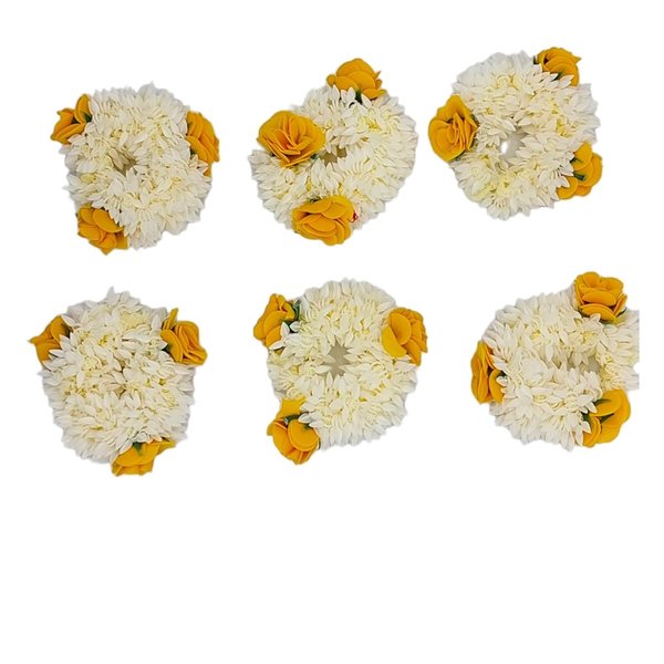 Generic Traditional Indian Hair and Hand accessories White Gajra with Artificial Yellow Flower Handmade Veni tiara For Women Girls Party Wear bridal mehndi Hair Bun (Set of 6 Gajra Bands)