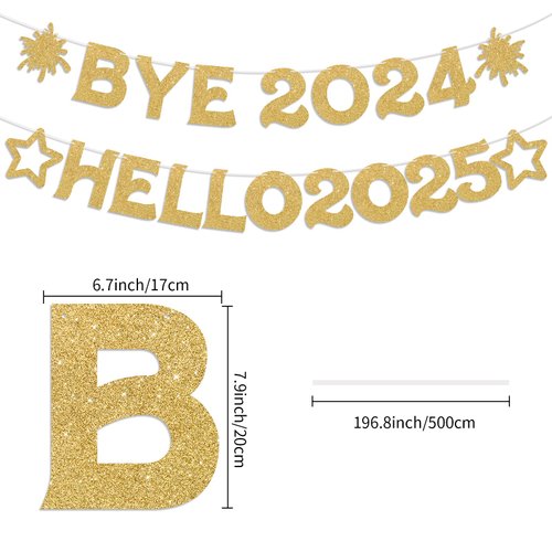 Bye 2024 Hello 2025 Banner Happy New Year Banner Happy New Year Decorations 2025 Goodbye 2024 Decorations New Year Eve Decorations 2025 Glitter Gold Party Supplies
