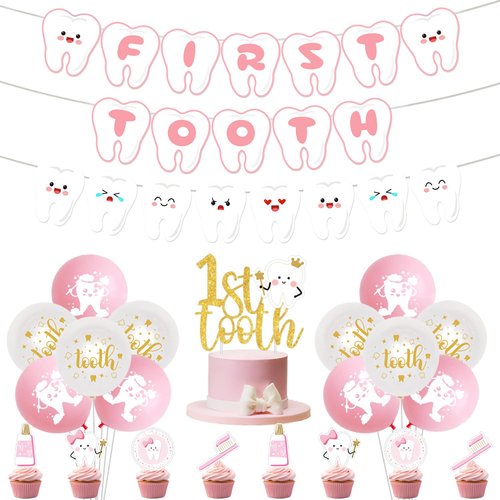 First Tooth Theme Party Decorations Pink Dental Theme Party Decorations First Tooth Banner Teeth Theme Banner Garland Cake and Cupcake Toppers for Boys First Tooth Party Decor Supplies