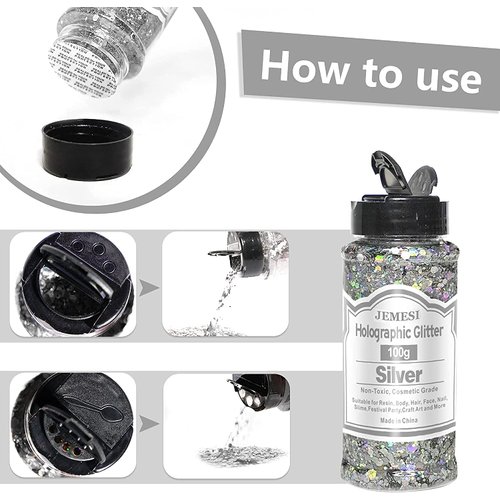 Holographic Chunky Glitter, 100g Silver Cosmetic Craft Glitter for Epoxy Resin, Nail Sequins Iridescent Flakes, Body, Face, Hair, Nail, Glitter Slime Making