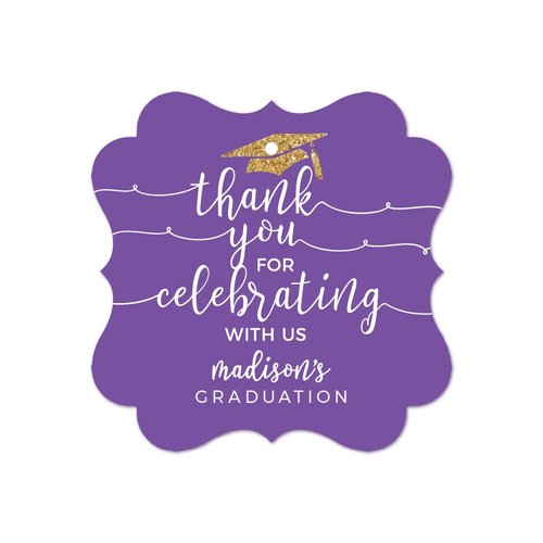 Andaz Press Royal Purple and Gold Glittering Graduation Party Collection, Personalized Fancy Frame Gift Tags, Thank You for Celebrating with US, 24-Pack, John's Graduation Custom Name