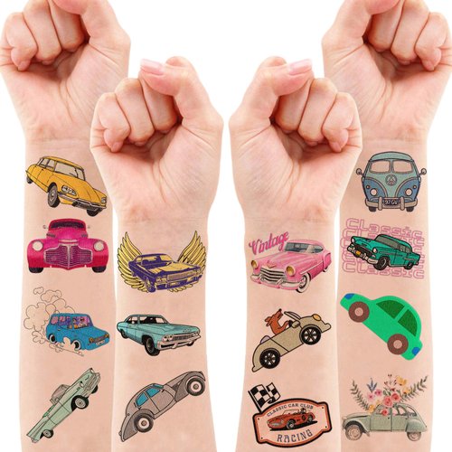 119 PCS Classic Vintage Race Car Temporary Tattoos Sticker for Kids Race Car Themed Birthday Party Decorations Supplies Favors Gifts Boys Girls Men Women Retro Cute Fake Tattoo School Prizes Carnival