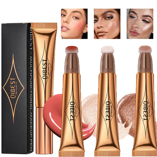 Gireatick 3pcs Liquid Beauty Wand Makeup, Matte Liquid Cheek Blusher, Liquid Contour Beauty Wand Highlighter and Bronzer Stick with Cushion Applicator, for Long Lasting Natural Shimmer Smooth Silky Cream Makeup