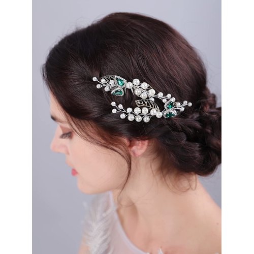 Teyglen 2pcs Pearl Bride Wedding Hair Pins Silver Leaf Crystal Hair Pins Clips Bridal Green Teardrop Rhinestone Hair Piece Wedding Hair Accessories for Women Girls