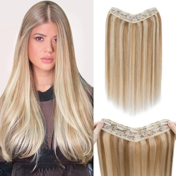Benehair One Piece Clip in Hair Extensions Real Human Hair 3/4 Full Head V Shaped Weft Thicker Hair Lace Net One Piece Hair Extensions with 5 Clips (14"-55g #12P613 Golden Brown Mixed Bleach Blonde)