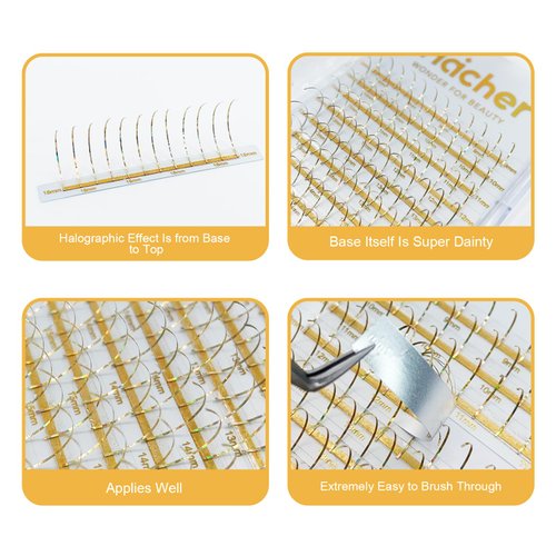 HAICHER Holographic Lash Tinsel, Colored Lash Extensions CC Curl 9-18mm Mixed Lash Trays (Gold, Spike)