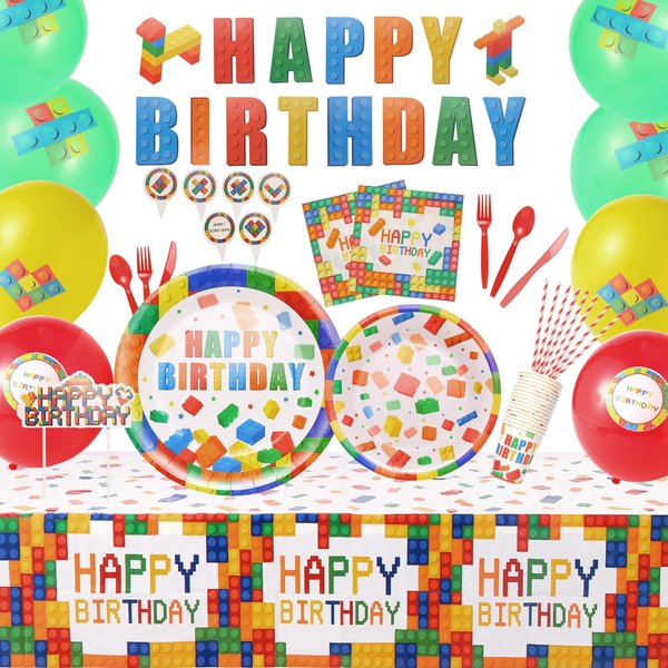 173 Pcs Building Blocks Party Supplies Happy Birthday Banner Decorations for Boy Girl Kids, Cake Topper Tablecloth Plates Balloons Napkins,This Theme Party Decoration for16people use.
