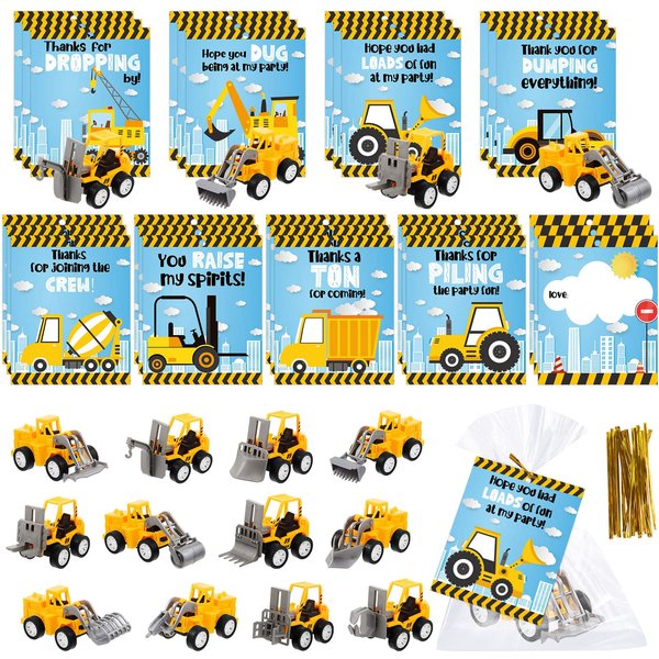 Meooeck 24 Sets Mini Construction Vehicles with Gifts Cards and Bags Construction Pull Back Vehicles Mini Excavator Toys for Birthday Party Favors Cake Stocking Stuffers Supplies