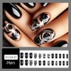 Black Press on Nails Medium Square Black Rose Nails Press ons Flower False Nails with Design Ombre Flat Fake Nails Glossy Black Stick on Nails for Women Summer Acrylic Full Cover Nails Kit 24Pcs