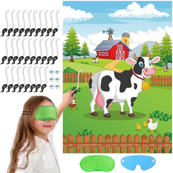 Waenerec Pin the Tail on the Cow, Cow Games with 28 Pcs Cow Tails for Kids Farm Birthday Party Supplies Cow Themed Party Favors Decorations
