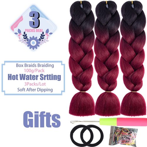 LILYKA SHOW 3 Packs 24 Inch Braiding Hair Extensions for Women Kanekalon Braiding Hair Ombre Jumbo Braiding Hair Extensions High Temperature Synthetic Braiding Hair for Twist Crochet Braids(3 Packs 24",black to wine red)