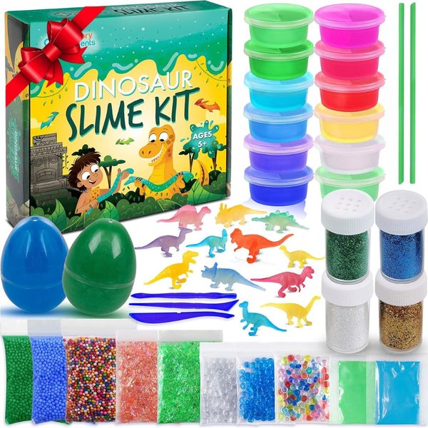 Dinosaur Slime Kit for Boys & Girls - 12 Colorful Premade Slime, 12 Glow in The Dark Dinosaur Toys, Glitter Powder, Ultimate Gift Idea for Christmas & Holiday, Boys & Girls Ages 5-12+