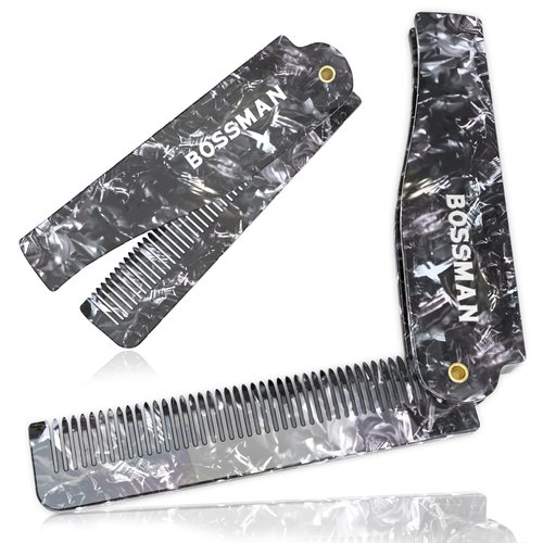 Bossman Acetate Folding Comb for Men - 3.5 inch Travel Comb for Men - Saw Cut Mustache Comb - Thin Beard Comb - Portable Pocket Comb - Hair Comb for Men