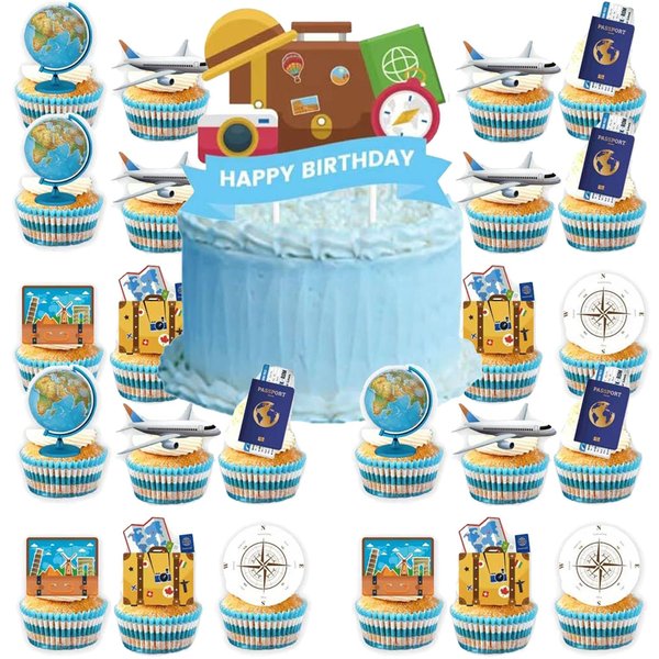 25pcs Travel Adventurer Cupcake Topper Picks Travel Adventurer Party Decoration Travel Adventurer Party Favors Travel Adventurer Party cake Decoration Supplies (A)