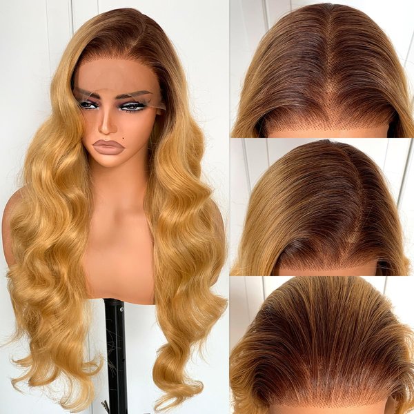 BlackSwern T1B/27 Ombre Honey Blonde 13x6 Synthetic Lace Front Wig,HD 13x6 Lace Frontal Wig Brown To Honey Blonde Pre-Plucked,26inch Body Wave Wigs 200 Density,Pre-Plucked PLUS 1.5’’ Hairline