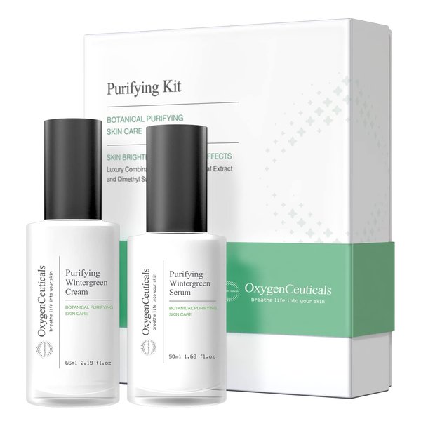 Two-Step Acne Treatment Kit, OxygenCeuticals Purifying Kit, 2 products, Serum + Moisturizer, Breakout Prevention, Acne & Blemish Control, for teens, tweens, males and females, Made in Korea
