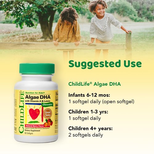 CHILDLIFE ESSENTIALS Algae DHA with Vitamin A & Lutein - Algae DHA Omega 3 Supplement, Chewable DHA for Kids, Supports Healthy Brain & Eye Development - Natural Berry Flavor, 60 Softgels