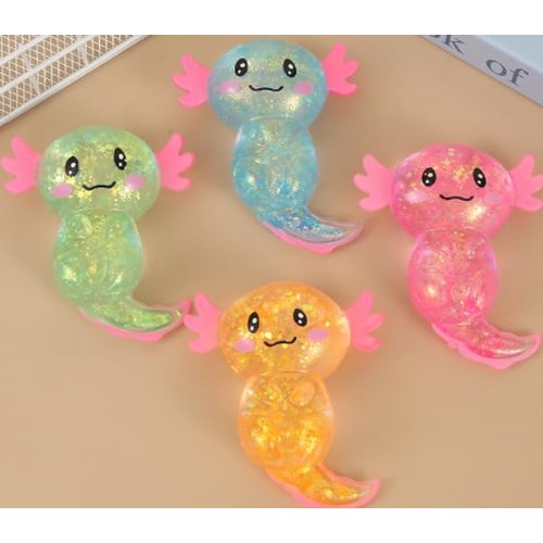 4PCS Glitter Squishy Stress Relief Axolotl Toy Cute Malt Sugar Filled Sensory Fidget Toy for Kids Adults Soothing Birthday Party Favors Gift (4 Colors)