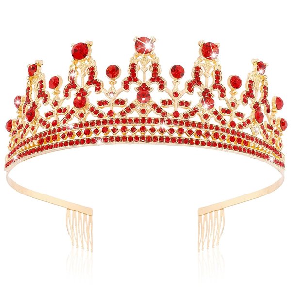 FASOTY Gold Tiara Red Crystal Crown with Combs Elegant Princess Tiaras and Crowns for Women Girls Rhinestone Headband for Bride Bridal Wedding Birthday Party Prom