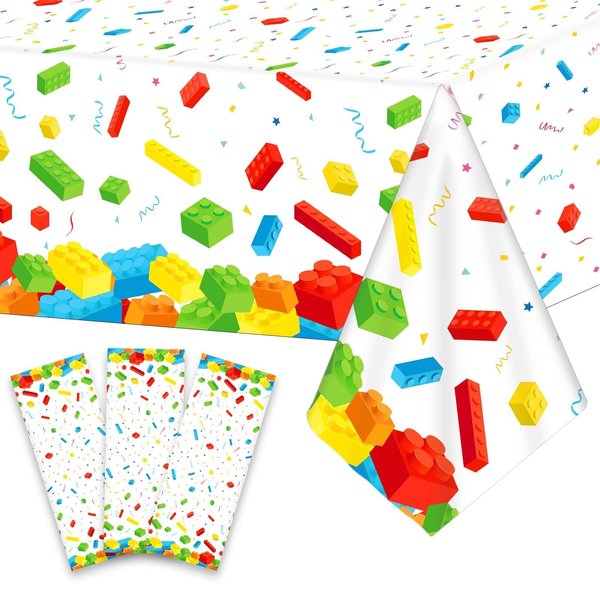 3 Pcs Building Blocks Party Tablecloth 105 x 54 inches Building Blocks Theme Party Decorations Disposable Plastic Table Cover for Children Kids Blocks Birthday Party Decor Supplies Favors(White)