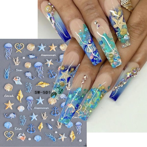 1PCS Summer Nail Art Stickers 5D Embossed Seashell Nail Stickers Cute Nail Decals Marine Ocean Starfish Nail Art Design Decals for Nail Art Summer Designs Self Adhesive Nail Art Supplies Accessories