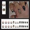 24 PCS Black Gold Press on Nails Glitter Coffin Fake Nails Medium Square False Nails French Tip Artificial Nails Gold Bling Design Full Cover Glossy Reusable Stick on Nails for Women Girls Manicure