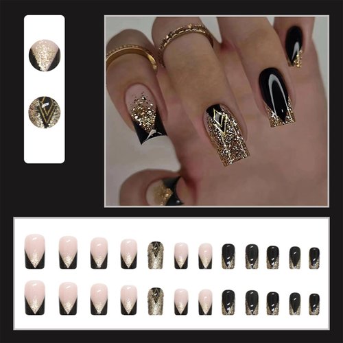 24 PCS Black Gold Press on Nails Glitter Coffin Fake Nails Medium Square False Nails French Tip Artificial Nails Gold Bling Design Full Cover Glossy Reusable Stick on Nails for Women Girls Manicure