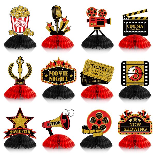 12 Pieces Movie Centerpiece Movie Night Party Decorations Movie Party Centerpieces for Table Movie Theater Honeycomb Centerpiece Ticket Popcorn Star Table Topper for Birthday Party 3D Favor Supplies