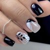 Press on Nails Short Square Fake Nails Black White French Tip Acrylic Nails with Black Leaves and Polka Dots Designs Glitter Full Cover Glossy Black False Nails Stick on Nails for Women 24Pcs