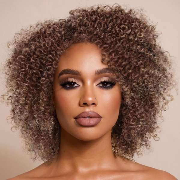 Fancy Hair Short Kinky Curly Wigs Brown Side Part Afro Wigs for Black Women Synthetic Yanky Twist Out Wig Natural Hairstyle for Daily Use (T30/27#)