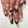 Halloween Press on Nails Medium Almond French Tip Fake Nails White&Black False Nails with Designs Bats Stars Glossy Glue on Nails Full Cover Acrylic Cute Artificial Nails for Women Manicure 24 Pcs