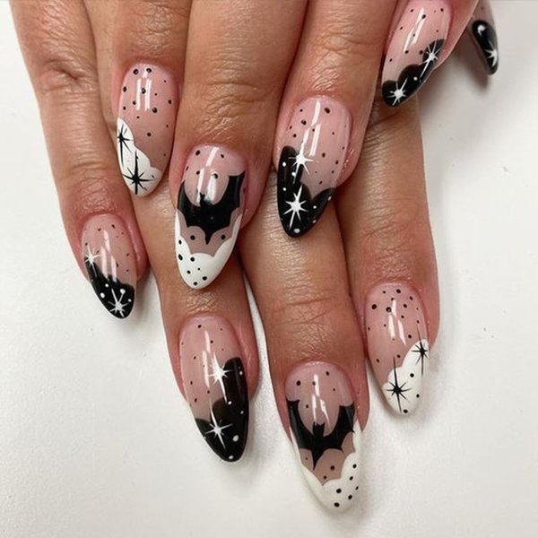 Halloween Press on Nails Medium Almond French Tip Fake Nails White&Black False Nails with Designs Bats Stars Glossy Glue on Nails Full Cover Acrylic Cute Artificial Nails for Women Manicure 24 Pcs