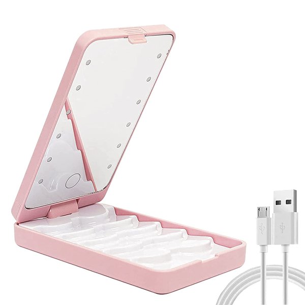 Eyelash Storage Case, AREMOD LED Lash Mirror Rechargeable Eyelash Holder False Lash Organizers and Storage Box Empty with Light Travel Cosmetic Container for Makeup(Pink)