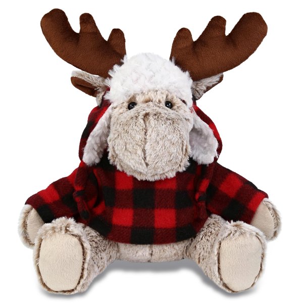 DolliBu Super Soft Plush Red Plaid Outfit Moose - Soft Huggable Wild Life Moose, Adorable Playtime Zoo Moose Plush with Clothes, Cute Wildlife Cuddle Gift Super Soft Plush Doll Toy For Kids - 9 Inches