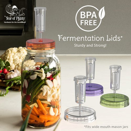 Year of Plenty BPA-Free, Clear Fermentation Lids | 4-Pack | for Making Sauerkraut in Wide Mouth Mason Jars | Includes Instructions, Recipe and Gift Box for Storage… (Clear)