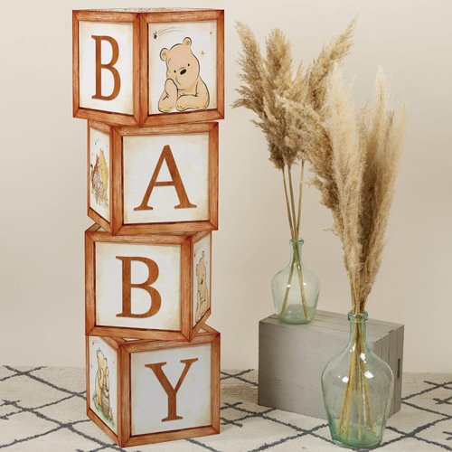 Vintage Winnie Baby Shower Box for Newborn Baby Girl Boy Kids Classic Bear 1st Party Decorations Theme Boxes Block Supplies for Baby First Birthday Cake Smash Favor