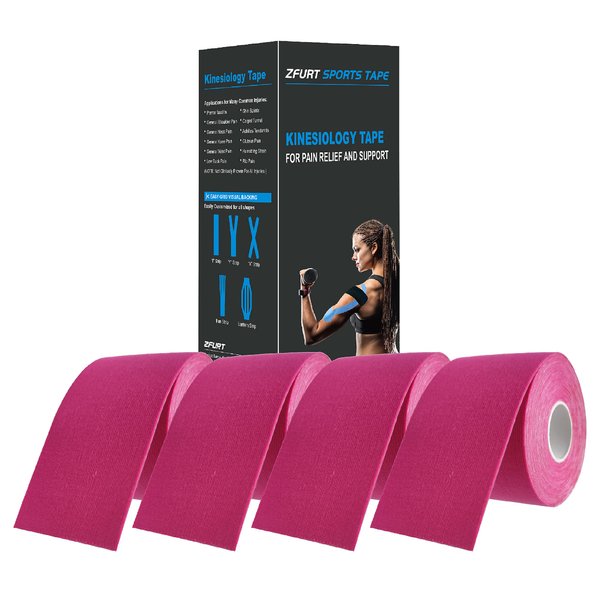 ZFURT Breathable Cotton Kinesiology Tape | Hypoallergenic, Latex Free, Elastic Sports Tape | Excellent Support for Body Pain Relief and Prevent Sport Injury | 4 Uncut 16ft Rolls (Rose Red)
