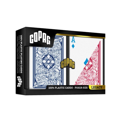 Copag 4-Color Legacy Design 100% Plastic Playing Cards, Poker Size (Standard) Regular Index Red/Blue Double Deck Set
