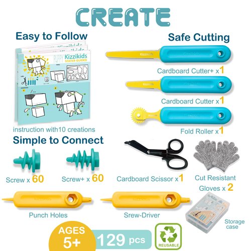 Kizzikids 129 Piece Cardboard Tools for Kids with Tool Box, Montessori Construction Toys for Home Classroom Learning, Reusable Cardboard Cutter, STEM Educational Toys Gift for Boys and Girls Age 5+