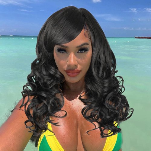 Liyouda Long Black Wavy Wig Curly Hair Wigs With Bangs for Black Women Natural Synthetic Replacement Wigs Heat Resistant Fiber Party Costume Wig Black Color Wigs