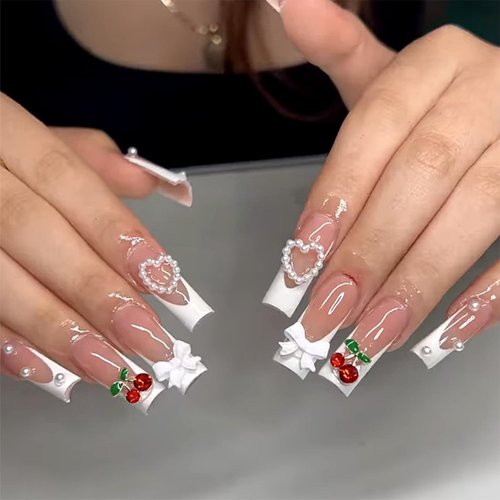 3D Cherry Bow Pearl Fake Nails White French Tip Press on Nails Extra Long Square False Nails with Design Glossy Full Cover Artificial Nails Reusable Stick on Nails Glue on Nails for Women Nail Art
