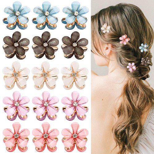 15PCS Mini Flower Hair Clips for Girls Women Small Flower Hair Claw Clips Colorful Hair Barrettes Cute Hair Pins Sweet Hair Clamps Flower Hair Accessories Wedding Flower Clips for Kid Teen (5 Colors)