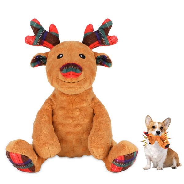 Rypet Christmas Reindeer Dog Toys Durable Plush Dog Toys with Crinkle Paper Interactive Dog Stuffed Squeaky Toys for Puppy Medium Small Dogs Cleaning Teeth and Relieving Anxiety