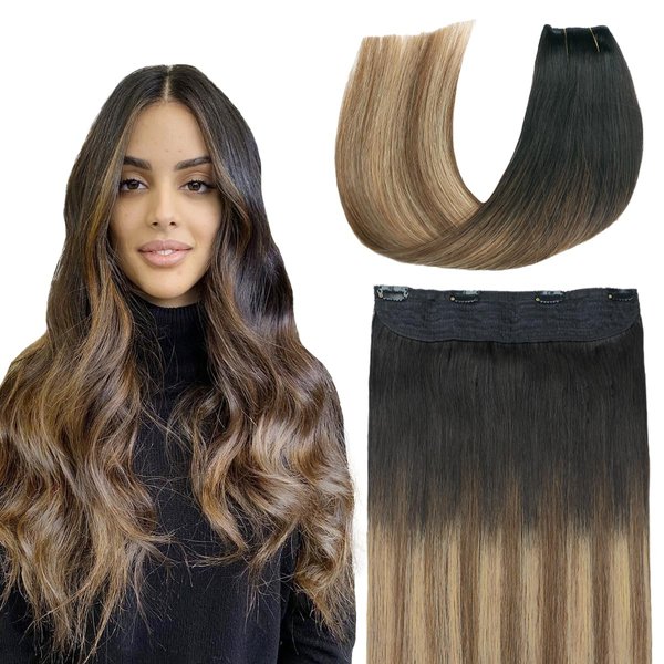 SURNEL Wire Hair Extensions Real Human Hair Balayage Natural Black to Chocolate Brown and Caramel Blonde 22 Inch 80g Fish Line Hair Extensions(22, 1B/4/27)