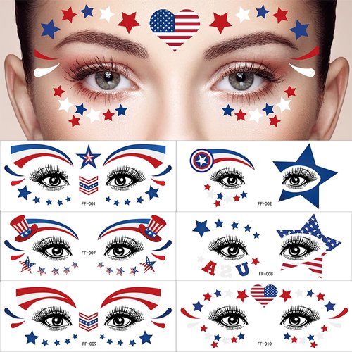 GeRRiT 4th of July Temporary Tattoos 10 Sheets Independence Day Face Tattoos Red White Blue Flag Star Design for Memorial Day Labor Day Decoration Patriotic Party Supplies Body Face Tattoo Stickers