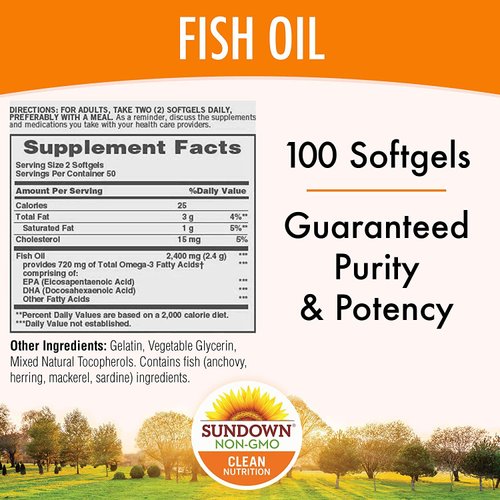 Sundown Naturals Fish Oil 1200 mg With Natural Omega-3, 100 Softgels (Pack of 2)