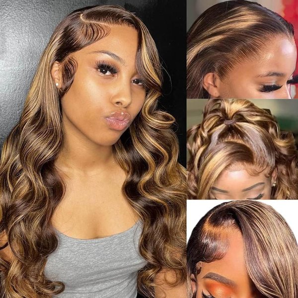 mogge 18 Inch Ombre Lace Front Wig Human Hair 4/27 13x4 Body Wave Highlight Lace Front Wig Human Hair Pre Plucked With Baby Hair Honey Blonde Wig Human Hair 180% Density Wigs Human Hair for Women