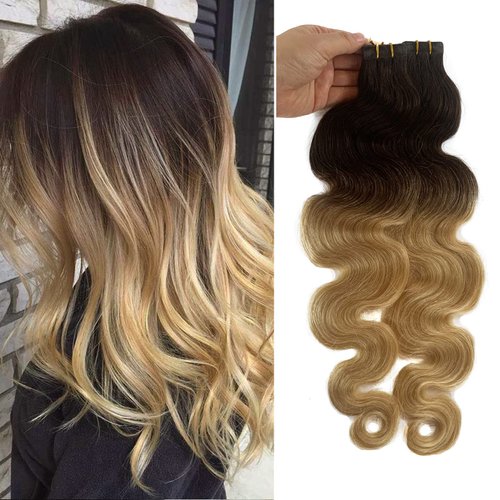 Tape in Body Wave Hair Extensions Wavy Two Tone Ombre Dark Brown with Bleach Blonde Seamless Skin Weft Human Remy Human Hair Extensions for Women 18" 40g 20Pcs/Package…